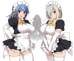 Rule 34 | 10s, 1girl, 3girls, :d, :o, alternate costume, apron, arms behind back, black dress, black hair, blue eyes, blue hair, blush, bow, bowtie, breasts, chestnut mouth, cup, curvy, dress, elbow gloves, enmaided, gloves, hair bun, hair ornament, hair over one eye, hair ribbon, hairclip, hamakaze (kancolle), holding, isokaze (kancolle), kantai collection, kuronyan, large breasts, long hair, looking at viewer, maid, maid apron, maid headdress, matching hair/eyes, multiple girls, open mouth, puffy short sleeves, puffy sleeves, ribbon, round teeth, shiny skin, short hair, short sleeves, silver hair, simple background, single hair bun, smile, standing, tareme, teacup, teapot, teeth, thick thighs, thighhighs, thighs, urakaze (kancolle), v arms, very long hair, white background, white gloves, white thighhighs, yellow bow, yellow bowtie, yellow ribbon, zettai ryouiki