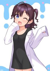 Rule 34 | 1girl, aged down, ahoge, black dress, blue eyes, brown hair, coat, collarbone, commentary, dot nose, dress, flat chest, hand up, heart, highres, ichinose shiki, idolmaster, idolmaster cinderella girls, lab coat, light blush, long sleeves, looking at viewer, medium hair, open mouth, short twintails, simple background, solo, twintails, wavy hair, wgm oekaki, white coat, yawning