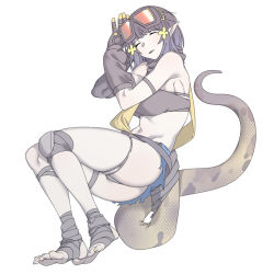 Rule 34 | 1girl, arknights, eunectes (arknights), goggles, goggles on head, noiimad, pointy ears, skindentation, sleeping, snake tail, tail, thighs