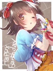 Rule 34 | 10s, 1girl, ;o, akagi miria, belt, bow, bracelet, brown hair, gloves, hair bow, happy birthday, idolmaster, idolmaster cinderella girls, jewelry, lace-up top, one eye closed, short hair, short twintails, solo, twintails, two side up, usamata