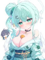 Rule 34 | 2girls, angel wings, breasts, cleavage, commentary request, food, fruit, green eyes, green hair, green kimono, halo, highres, japanese clothes, kagami mochi, kimono, large breasts, mandarin orange, mikaze oto, multiple girls, obi, original, sash, white background, white halo, wings