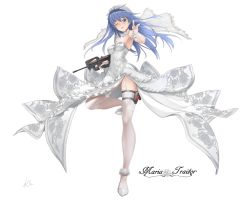 Rule 34 | 1girl, arm up, armpits, blue hair, breasts, bridal veil, bullpup, character name, dress, garter straps, green eyes, gun, highres, holster, izupix, leg lift, long hair, looking at viewer, maria traydor, one eye closed, pointing, pointing at viewer, shoes, side slit, small breasts, smile, solo, standing, standing on one leg, star ocean, star ocean anamnesis, star ocean till the end of time, thigh holster, thigh strap, thighhighs, thighs, veil, weapon, wedding dress, white dress, white thighhighs, wind, wind lift