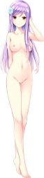 Rule 34 | 1girl, absurdres, akizuki mizuho, arm behind back, arms behind back, barefoot, breasts, collarbone, completely nude, flower, full body, hair flower, hair ornament, hand to head, highres, hiten (hitenkei), light purple hair, long hair, looking at viewer, medium breasts, navel, nipples, no pussy, non-web source, nude, official art, omoi o sasageru otome no melody ~afureru omoi o shirabe ni nosete~, smile, solo, standing, transparent background, yellow eyes