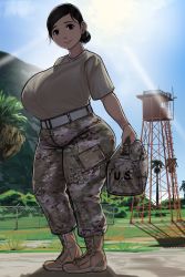 Rule 34 | 1girl, bad id, bad twitter id, black hair, breasts, brown eyes, camouflage, camouflage pants, curvy, full body, highres, huge breasts, looking at viewer, military, military uniform, original, pants, plump, smile, solo, standing, thick thighs, thighs, toroboro, uniform, wide hips