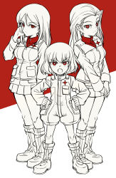 Rule 34 | 10s, 3girls, angry, boots, clara (girls und panzer), closed mouth, commentary, emblem, fang, frown, girls und panzer, hand in own hair, hands on own hips, jacket, jumpsuit, katyusha (girls und panzer), long hair, long sleeves, looking at viewer, military, military uniform, miniskirt, mituki (mitukiiro), monochrome, multiple girls, nonna (girls und panzer), open mouth, own hands together, pleated skirt, pravda military uniform, red theme, shirt, short hair, short jumpsuit, skirt, smile, standing, swept bangs, turtleneck, uniform, v-shaped eyebrows, vest, zipper