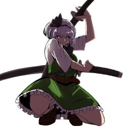 Rule 34 | 1girl, absurdres, black hairband, closed mouth, commentary request, full body, green eyes, green skirt, green vest, grey hair, hairband, highres, holding, holding sword, holding weapon, konpaku youmu, multiple swords, shirt, short hair, short sleeves, simple background, skirt, smile, solo, squatting, strong anus, sword, sword behind back, touhou, vest, weapon, white background, white shirt