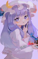 Rule 34 | 1girl, absurdres, blue bow, blush, bow, comkdom, crescent, dress, grey background, hair bow, hat, highres, holding, light smile, long hair, long sleeves, looking at viewer, mob cap, patchouli knowledge, purple background, purple eyes, purple hair, red bow, red ribbon, ribbon, simple background, solo, touhou, upper body