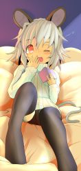 Rule 34 | 1girl, alternate costume, animal ears, bed, black pantyhose, blush, book, grey hair, highres, ishikkoro, pantyhose under shorts, long sleeves, looking at viewer, lying, mouse ears, mouse tail, nazrin, no shoes, on back, on bed, one eye closed, open book, open mouth, pants, pantyhose, red eyes, shirt, short hair, shorts, solo, sweater, tail, tears, thighhighs, touhou, turtleneck, wink, yawning