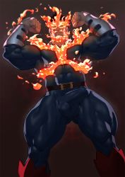 Rule 34 | 1boy, bara, beard, biceps, blue bodysuit, bodysuit, boku no hero academia, bulge, covered abs, endeavor (boku no hero academia), erection, erection under clothes, facial hair, fire, flexing, gluteal fold, henry partum, highres, large pectorals, male focus, mature male, muscular, muscular male, paid reward available, pectorals, short hair, skin tight, solo, spiked hair, thick thighs, thighs