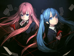 Rule 34 | 2girls, black suit, blouse, blue eyes, blue hair, card, collared shirt, dark, floating card, formal, frown, hatsune miku, holding, holding card, junwool, laser, long hair, megurine luka, mouth hold, multiple girls, red hair, shirt, suit, twintails, v-shaped eyebrows, very long hair, vocaloid, white shirt
