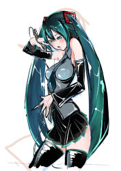 Rule 34 | 1girl, arm up, bare shoulders, black skirt, black thighhighs, blush, breasts, cable, cowboy shot, cropped legs, detached sleeves, green eyes, green hair, grey shirt, hair between eyes, hatsune miku, holding, long hair, long sleeves, matching hair/eyes, microphone, miniskirt, necktie, open mouth, pleated skirt, shirt, sketch, skirt, sleeveless, sleeveless shirt, solo, thighhighs, twintails, very long hair, vocaloid, white background, wide sleeves, zettai ryouiki