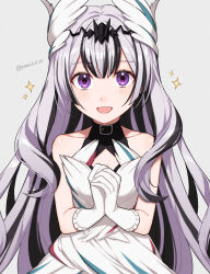 Rule 34 | 1girl, bare shoulders, black choker, black hair, blush, breasts, choker, commentary request, dress, feather hair ornament, feathers, fire emblem, fire emblem engage, grey hair, hair ornament, highres, horns, long hair, looking at viewer, multicolored hair, nintendo, peach11 01, petite, purple eyes, small breasts, smile, solo, two-tone hair, very long hair, veyle (fire emblem), wavy hair