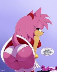 Rule 34 | 1girl, amy rose, ass, bare shoulders, bigdon 92, breasts, come hither, dress, from behind, furry, furry female, gloves, green eyes, hairband, highres, huge ass, large breasts, leaning, leaning forward, looking at viewer, naughty face, panties, pink hair, shiny skin, short hair, sideboob, skin tight, smile, solo, sonic (series), tail, underwear, upskirt