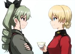 Rule 34 | 2girls, anchovy (girls und panzer), anzio military uniform, black ribbon, blonde hair, blue eyes, braid, closed mouth, commentary, cup, darjeeling (girls und panzer), drill hair, from side, girls und panzer, girls und panzer saishuushou, green hair, grey jacket, hair ribbon, highres, holding, holding cup, insignia, jacket, long hair, long sleeves, looking at another, military, military uniform, multiple girls, omachi (slabco), red eyes, red jacket, ribbon, short hair, simple background, smile, st. gloriana&#039;s military uniform, teacup, twin drills, twintails, uniform, white background