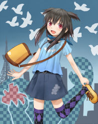 Rule 34 | 1girl, bag, belt, bird, blue shirt, blue skirt, fang, female focus, flat chest, gradient background, leg up, looking at viewer, open mouth, outdoors, pink eyes, purple socks, scarf, shirt, shoes, skirt, sky, smile, socks, solo, thighhighs, tokyo tower, twintails, yuyuzuki (yume usagi)