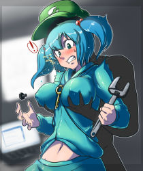 Rule 34 | 1girl, ^^^, bad id, bad pixiv id, bolt, grabbing another&#039;s breast, breast lift, breasts, breasts apart, deep skin, female focus, grabbing, hair bobbles, hair ornament, hat, kawashiro nitori, key, large breasts, solo focus, spacezin, surprised, surprised arms, touhou, two side up, wrench, you gonna get raped