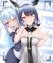 Rule 34 | azur lane, bare shoulders, blue hair, breasts, clam shell, cross, cross necklace, detached collar, detached sleeves, dress, fingersmile, forced smile, gascogne (azur lane), headgear, highres, jewelry, juliet sleeves, long hair, long sleeves, looking at viewer, maid headdress, masa (masae50), mechanical ears, medium breasts, multicolored hair, necklace, neptune (azur lane), one eye closed, puffy sleeves, shell hair ornament, short hair, strapless, strapless dress, streaked hair, white dress, yellow eyes