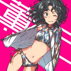 Rule 34 | 1girl, amagami, bikini, black eyes, black hair, commentary request, curly hair, dutch angle, grin, guriko (mossari), highres, jacket, jacket over swimsuit, looking at viewer, messy hair, navel, one eye closed, pink background, short hair, side-tie bikini bottom, simple background, smile, solo, swimsuit, tanamachi kaoru