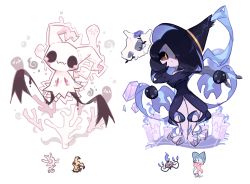 Rule 34 | bad id, bad tumblr id, black eyes, black hair, chandelure, charamells, commentary, creature, creatures (company), cubone, cursola, english commentary, full body, fusion, game freak, gen 1 pokemon, gen 5 pokemon, gen 7 pokemon, gen 8 pokemon, hat, hatterene, highres, looking at viewer, mimikyu, multiple fusions, nintendo, pokemon, pokemon (creature), simple background, skull, white background, witch hat