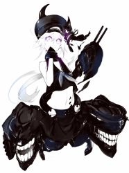 Rule 34 | 10s, 1girl, abyssal ship, amputee, bare shoulders, destroyer princess, double amputee, gloves, glowing, glowing eyes, hat, kantai collection, long hair, pale skin, purple eyes, side ponytail, smile, solo, tugmix, white background, white hair