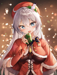 Rule 34 | 1girl, absurdres, blue eyes, blush, breasts, diamond-shaped pupils, diamond (shape), gift, gr greeze, hair ornament, hat, highres, honkai (series), honkai impact 3rd, kiana kaslana, large breasts, long hair, looking at viewer, open mouth, red hat, santa costume, smile, solo, symbol-shaped pupils, upper body, white hair
