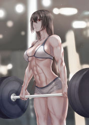 Rule 34 | 1girl, abs, alternate costume, backlighting, biceps, black hair, blurry, blurry background, breasts, ceiling light, cowboy shot, exercising, focused, from side, gym, hair between eyes, highres, indoors, kantai collection, large breasts, light particles, long hair, looking ahead, muscular, muscular female, nagato (kancolle), navel, red eyes, shiny clothes, shiny skin, short shorts, shorts, solo, sports bra, standing, thighs, veins, veiny arms, very long hair, weightlifting, white sports bra, yuichi (sp sakura yoshi)