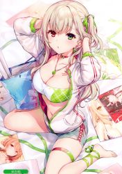 Rule 34 | 1girl, absurdres, ankle ribbon, arms up, artist name, bag, bandeau, barefoot, blonde hair, breasts, choker, cleavage, collarbone, earrings, green eyes, grey shorts, hair ribbon, heterochromia, highres, jacket, jewelry, komeshiro kasu, leg ribbon, long hair, long sleeves, looking at viewer, magazine (object), medium breasts, melonbooks, midriff, navel, necklace, one side up, open clothes, open jacket, parted lips, partially unzipped, red eyes, ribbon, scan, short shorts, shorts, shoulder bag, sitting, solo, strapless, thighs, tube top, white jacket
