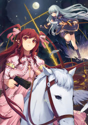 Rule 34 | 2girls, absurdres, aki (mare desiderii), blue eyes, blue hair, colored eyelashes, cross, dress, earrings, eyelashes, feathers, fingerless gloves, full moon, gloves, gun, handgun, highres, horse, horseback riding, jewelry, long hair, looking at viewer, moon, multiple girls, night, original, pointy ears, red eyes, red hair, riding, smile, staff, wand, weapon