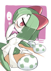 Rule 34 | ..., bags under eyes, colored skin, covering own mouth, creatures (company), egg, game freak, gen 3 pokemon, green hair, hand over own mouth, heart, heavy breathing, highres, horns, ino (tellu0120), kirlia, looking at viewer, looking back, multicolored skin, nintendo, on floor, pokemon, pokemon (creature), pokemon egg, sidelocks, simple background, two-tone background, two-tone skin, white skin