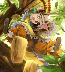 Rule 34 | 1girl, bloomers, blush, dress, dropping, flower, green eyes, green hair, hair flower, hair ornament, hanging from tree, kabocha, kabocha (monkey4), kanaria, long sleeves, matching hair/eyes, open mouth, outstretched arm, outstretched hand, pants, parasol, rozen maiden, solo, tears, tree, umbrella, underwear, wavy mouth, wide sleeves, yellow dress