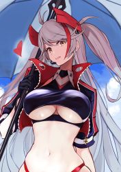 Rule 34 | 1girl, antenna hair, azur lane, black gloves, black jacket, black shirt, breasts, clothing cutout, collared shirt, crop top, cropped jacket, gloves, grey hair, hair ornament, highleg, highres, holding, jacket, large breasts, long hair, looking at viewer, marshall k, midriff, multicolored hair, navel, open clothes, open jacket, open mouth, prinz eugen (azur lane), prinz eugen (final lap) (azur lane), race queen, revealing clothes, shirt, short sleeves, skindentation, sleeveless, sleeveless shirt, smile, solo, stomach, streaked hair, two side up, umbrella, underboob, underboob cutout, upper body, very long hair, yellow eyes