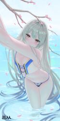 Rule 34 | 1girl, absurdres, arms up, bare arms, bare shoulders, bikini, branch, breasts, closed mouth, commission, expressionless, grey hair, highres, long hair, looking at viewer, navel, original, petals, petals on liquid, red eyes, small breasts, solo, standing, stomach, swimsuit, taesseung, thighs, very long hair, wading, water, white bikini