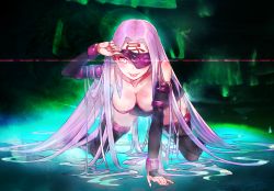 Rule 34 | 1girl, all fours, bad id, bad pixiv id, bare shoulders, black footwear, black thighhighs, blindfold, blindfold pull, blush, boots, breasts, cleavage, dress, elbow gloves, facial mark, fate/stay night, fate (series), forehead mark, gloves, glowing, glowing eyes, gradient background, highres, long hair, medusa (fate), medusa (rider) (fate), purple eyes, purple hair, rolua, sleeveless, solo, square pupils, thigh boots, thighhighs, tongue, tongue out, very long hair