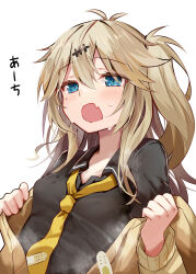 Rule 34 | 1girl, antenna hair, aqua eyes, bandaid, black shirt, breasts, brown hair, collared shirt, efe, fang, hair between eyes, hair ornament, heart attack, highres, kasukabe tsumugi, long hair, long sleeves, mole, mole under eye, one side up, open mouth, shirt, skin fang, small breasts, solo, steaming body, sweat, translation request, undressing, upper body, voicevox, white background