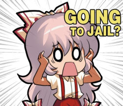 Rule 34 | 1girl, bow, chibi, chinese commentary, commentary request, emphasis lines, english text, fujiwara no mokou, hair bow, hands up, jokanhiyou, long hair, lowres, meme, o o, open mouth, pants, red pants, shirt, solo, suspenders, touhou, very long hair, white bow, white hair, white shirt