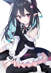 Rule 34 | 1girl, :d, animal ears, bare shoulders, between legs, black dress, black footwear, black hair, black pantyhose, blue hair, bow, braid, commentary request, dress, fox ears, fox girl, fox tail, frilled dress, frills, hair between eyes, hand between legs, high heels, highres, layered sleeves, long hair, long sleeves, looking at viewer, multicolored hair, odeclea, off shoulder, open mouth, original, pantyhose, pointy ears, red eyes, shoes, short over long sleeves, short sleeves, simple background, sitting, smile, solo, striped, striped bow, tail, two-tone hair, very long hair, wariza, white background