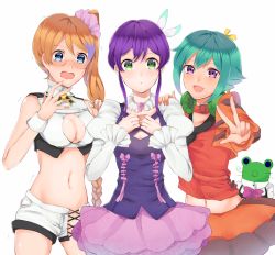 Rule 34 | 3girls, aquarion (series), aquarion evol, blue eyes, blue hair, blush, breasts, choker, cleavage, cleavage cutout, clothing cutout, cosplay, costume switch, doll, dress, glasses, green eyes, green hair, headphones, jewelry, magatama, medium breasts, midriff, mikono suzushiro, mikono suzushiro (cosplay), mix (aquarion), mix (aquarion) (cosplay), multicolored hair, multiple girls, navel, necklace, no panties, orange hair, purple eyes, purple hair, segami, short shorts, shorts, side ponytail, small breasts, tama (aquarion), two-tone hair, v, yunoha thrul, yunoha thrul (cosplay), zessica wong, zessica wong (cosplay)