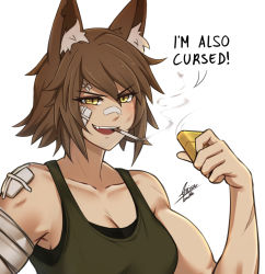 Rule 34 | 1girl, :d, airisubaka, animal ear fluff, animal ears, artist name, bandaged arm, bandages, bandaid, bandaid on face, bandaid on nose, breasts, brown hair, cigarette, collarbone, commentary, english commentary, english text, eyes visible through hair, fang, hair between eyes, hand up, harlow (airisubaka), highres, holding, holding lighter, lighter, looking away, medium breasts, muscular, muscular female, open mouth, original, short hair, signature, simple background, slit pupils, smile, smirk, smoke, smoking, solo, tank top, upper body, v-shaped eyebrows, white background, yellow eyes