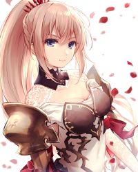Rule 34 | 1girl, armor, black choker, blue eyes, braid, breasts, choker, cleavage, closed mouth, covered navel, dress, hair between eyes, hair ornament, high ponytail, highres, long hair, medium breasts, off-shoulder dress, off shoulder, petals, pink hair, shionne (tales), shoulder armor, smile, solo, sukeham, tales of (series), tales of arise, twitter username, upper body, very long hair, white background, white dress