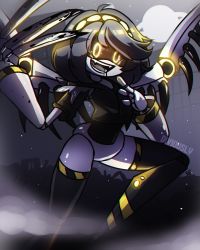 Rule 34 | 1girl, claws, coat, colored skin, female focus, glitch productions, grey skin, grin, highres, mecha girl, mechanical tail, murder drones, open mouth, robot girl, sharp teeth, shiny skin, short hair, smile, tail, teeth, thighhighs, v (murder drones), wings, yellow eyes