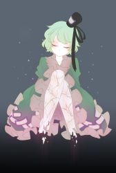 Rule 34 | 1girl, closed eyes, closed mouth, collarbone, commentary, crack, dissolving, dress, frilled dress, frills, full body, gradient background, green dress, green hair, hat, humanization, knees up, light frown, ofuda, ofuda on clothes, pog (tojlko), short hair, simple background, soga no tojiko, solo, swept bangs, tate eboshi, touhou
