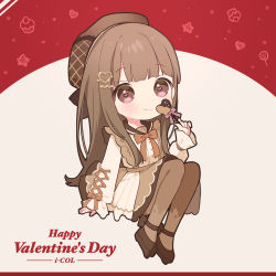 Rule 34 | 1girl, beret, blunt bangs, blush, brown hair, candy, chibi, chocolate, cross-laced clothes, cross-laced sleeves, food, frilled suspenders, hair ornament, hairclip, happy valentine, hat, hat ribbon, heart, heart-shaped pupils, heart hair ornament, highres, holding, holding candy, holding food, holding lollipop, loafers, lollipop, long hair, long sleeves, looking at viewer, mameyanagi, neck ribbon, original, pantyhose, pink eyes, print pantyhose, ribbon, sailor collar, shirt tucked in, shoes, sitting, skirt, sleeves past wrists, smile, solo, suspender skirt, suspenders, symbol-shaped pupils, valentine