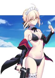 Rule 34 | 1girl, artoria pendragon (alter swimsuit rider) (fate), artoria pendragon (alter swimsuit rider) (second ascension) (fate), artoria pendragon (fate), bikini, black bikini, black bow, black jacket, black ribbon, blonde hair, bow, braid, braided bun, breasts, choker, cleavage, clothes down, covered erect nipples, fate/grand order, fate (series), floating hair, frilled bikini, frilled bikini top, frills, groin, gun, hair between eyes, hair bow, hair bun, holding, holding gun, holding weapon, jacket, looking at viewer, maid headdress, medium breasts, navel, neck ribbon, open clothes, open jacket, ribbon, sakanasoko, sideboob, sidelocks, solo, standing, swimsuit, thigh strap, weapon, yellow eyes