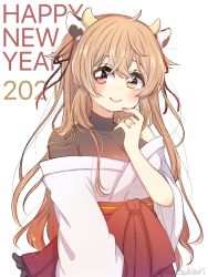 Rule 34 | 1girl, 2021, animal ears, brown eyes, commentary request, cow ears, cow horns, cowboy shot, fake animal ears, fake horns, gradient hair, hakama, hakama skirt, happy new year, horns, japanese clothes, jewelry, kantai collection, light brown hair, lips, long hair, looking at viewer, miko, multicolored hair, murasame (kancolle), murasame kai ni (kancolle), new year, nontraditional miko, red hakama, ren kun, ring, simple background, skirt, smile, solo, turtleneck, two side up, undershirt, upper body, wedding band, white background