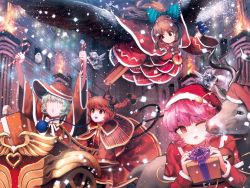 Rule 34 | + +, 6+girls, :d, animal, animal ears, arms up, bad id, bad pixiv id, bird, black bow, black wings, bow, box, braid, brown hair, building, candy, candy cane, capelet, cat ears, cat tail, christmas, colored skin, dress, fairy wings, feathered wings, food, gift, gift box, glowing, glowing eyes, green bow, green hair, grey dress, hair bow, hair ribbon, halo, hat, highres, jewelry, kaenbyou rin, komeiji koishi, komeiji satori, light particles, long hair, long sleeves, mo ne, multiple girls, multiple tails, necklace, one eye closed, open mouth, pink hair, ponytail, red dress, red eyes, red hair, red hat, reindeer, reiuji utsuho, ribbon, santa costume, santa hat, short hair, silver hair, smile, spray can, striped, striped bow, tail, third eye, touhou, tress ribbon, twin braids, two tails, white skin, wide sleeves, wings, zombie fairy (touhou)