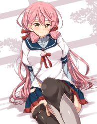 Rule 34 | 10s, 1girl, akashi (kancolle), alternate eye color, arms behind back, bandana, blue skirt, blush, breasts, brown eyes, hair ribbon, hip vent, jiino, kantai collection, lace, lace-trimmed legwear, lace trim, layered sleeves, long hair, long sleeves, looking at viewer, ornament, pink hair, pleated skirt, puffy short sleeves, puffy sleeves, ribbon, school uniform, serafuku, short over long sleeves, short sleeves, sitting, skirt, smile, solo, thighhighs, tress ribbon, twintails, yellow eyes