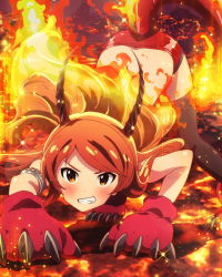 Rule 34 | 10s, armlet, bent over, brown eyes, brown hair, fire, grin, horns, idolmaster, idolmaster million live!, lizard tail, looking at viewer, official art, ogami tamaki, salamander, smile, solo, tail, thighhighs