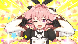 Rule 34 | 1boy, astolfo (fate), astolfo (saber) (fate), astolfo (saber) (third ascension) (fate), black bow, black bowtie, black dress, black gloves, black ribbon, blush, bow, bowtie, buttons, confetti, double v, dress, emotional engine - full drive, fang, fate/grand order, fate (series), gloves, hair between eyes, hair bow, hair intakes, hair ribbon, hands up, highres, juliet sleeves, long hair, long sleeves, looking at viewer, low twintails, male focus, multicolored hair, one eye closed, open mouth, parody, patyu3, pink hair, puffy sleeves, purple eyes, ribbon, smile, solo, sparkle, star (symbol), streaked hair, trap, twintails, v, white hair, wide sleeves, wing collar, yellow background
