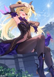 Rule 34 | 1girl, absurdres, arm garter, arm up, armpits, bare shoulders, bat wings, bird, black footwear, black pantyhose, black ribbon, black thighhighs, blonde hair, blush, boots, bow, bowtie, building, crow, dango remi, detached sleeves, dress, dutch angle, eyepatch, fischl (genshin impact), genshin impact, gloves, green eyes, hair over one eye, hair ribbon, hand on own head, high heel boots, high heels, highres, jewelry, laughing, leaf, long hair, open mouth, outdoors, pantyhose, purple bow, purple bowtie, ribbon, ring, single glove, single leg pantyhose, single thighhigh, sitting, sky, solo, sun, sunlight, thighhighs, two side up, wings