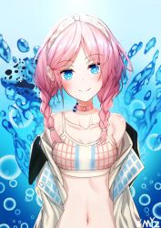 Rule 34 | 1girl, arknights, bare shoulders, belt collar, blue eyes, blue poison (arknights), blue poison (shoal beat) (arknights), blush, braid, breasts, collar, eyebrows hidden by hair, highres, jacket, long hair, looking at viewer, navel, pink hair, small breasts, smile, solo, stomach, swimsuit, twintails, water, ymyz